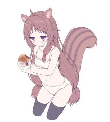 Rule 34 | 1girl, :t, animal ears, bare arms, bare shoulders, black thighhighs, blush, bow, bow bra, bra, breasts, brown hair, closed mouth, collarbone, commentary request, cropped legs, eating, fingernails, food, groin, holding, holding food, long hair, low-tied long hair, navel, panties, princess connect!, purple eyes, rin (princess connect!), sakuraba hikaru (loveindog), sidelocks, simple background, small breasts, solo, squirrel ears, squirrel girl, squirrel tail, tail, thighhighs, underwear, underwear only, v-shaped eyebrows, very long hair, wavy mouth, white background, white bra, white panties