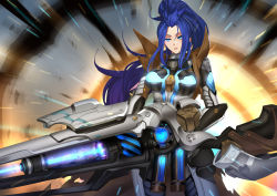 Rule 34 | 1girl, backlighting, blue eyes, blue hair, bodysuit, breasts, caitlyn (league of legends), glowing, gun, hair slicked back, highres, huge weapon, large breasts, league of legends, long hair, motion blur, pd (pdpdlv1), ponytail, pulsefire caitlyn, rifle, science fiction, sniper rifle, weapon