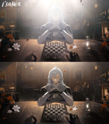 Rule 34 | 1boy, ahoge, alchemy stars, bar (place), black gloves, black jacket, blue eyes, character request, chess piece, chessboard, chinese commentary, closed mouth, collared shirt, commentary request, copyright name, covered face, dadijiji, elbows on table, flower, gloves, high collar, highres, holding chess piece, indoors, jacket, lantern, lens flare, light particles, long hair, long sleeves, male focus, own hands together, playing chess, pov, shirt, smile, straight-on, table, upper body, white flower, white hair, white shirt, white sleeves