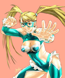 Rule 34 | 1990s (style), 1girl, bad id, bad pixiv id, blonde hair, blue eyes, breasts, capcom, gloves, heart, hebina masayoshi, highres, large breasts, leotard, long hair, mask, rainbow mika, signature, solo, street fighter, street fighter zero (series), twintails