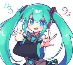 Rule 34 | 1girl, :d, absurdres, aqua eyes, aqua hair, aqua necktie, crossed arms, detached sleeves, double v, hatsune miku, highres, long hair, long sleeves, looking at viewer, necktie, number tattoo, offbeat, open mouth, simple background, sleeveless, smile, solo, tattoo, twintails, upper body, v, very long hair, vocaloid, white background