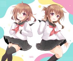 Rule 34 | 2girls, absurdres, black sailor collar, black skirt, black socks, blush, brown hair, fang, feet out of frame, folded ponytail, hair between eyes, hair ornament, hairclip, highres, ikazuchi (kancolle), inazuma (kancolle), kantai collection, kashiwadokoro, kneehighs, long hair, long sleeves, multiple girls, neckerchief, one eye closed, open mouth, pleated skirt, red neckerchief, sailor collar, school uniform, serafuku, short hair, skirt, smile, socks, solo, thighhighs