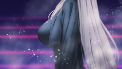 Rule 34 | 1girl, black dress, blue archive, blurry, breasts, commentary request, depth of field, dress, from side, grey hair, highres, junu (jwoo5627), large breasts, long hair, long sleeves, out of frame, profile, shiroko (blue archive), shiroko terror (blue archive), sideboob, sidelocks, simple background, solo