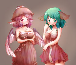 Rule 34 | 2girls, alternate breast size, animal ears, arinu, bare arms, bare shoulders, bird wings, blush, breasts, brown dress, buttons, cleavage, closed mouth, collarbone, commentary request, dress, feathered wings, green eyes, green hair, hat, highres, kasodani kyouko, large breasts, looking at viewer, multiple girls, mystia lorelei, pink dress, pink eyes, pink hair, pinky out, short dress, short hair, simple background, smile, strap slip, touhou, wings