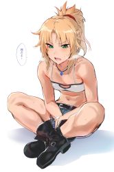 Rule 34 | 1girl, bad id, bad pixiv id, bandeau, black footwear, blonde hair, boots, braid, colored skin, commentary request, cutoffs, denim, denim shorts, fang, fate/apocrypha, fate (series), french braid, full body, green eyes, hair ornament, hair scrunchie, highres, ikuchan kaoru, indian style, jewelry, looking at viewer, midriff, mordred (fate), mordred (fate/apocrypha), mordred (memories at trifas) (fate), multicolored skin, navel, necklace, open mouth, parted bangs, pendant, ponytail, red scrunchie, scrunchie, shorts, simple background, sitting, solo, stomach, translated, white background
