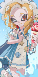 Rule 34 | 1girl, blonde hair, blue dress, blue sky, bonnet, bracelet, chocolate, cream, dress, food, fruit, highres, holding, holding spoon, ice cream, jewelry, medium hair, multicolored clothes, multicolored dress, namazuoku, nintendo, octoling, octoling girl, octoling player character, one eye closed, outdoors, parfait, shell, signature, sky, solo, splatoon (series), splatoon 3, spoon, standing, strawberry, suction cups, tentacle hair, tongue, tongue out, water, white dress