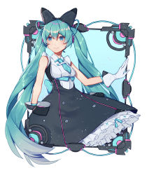 Rule 34 | 1girl, aqua eyes, aqua hair, aqua necktie, bare shoulders, black bow, black dress, bow, cable, dress, framed, framed breasts, gloves, hair bow, hatsune miku, hoop skirt, long hair, looking to the side, magical mirai (vocaloid), magical mirai miku, magical mirai miku (2016), necktie, outside border, petticoat, short necktie, smile, solo, twintails, very long hair, vocaloid, wenz, white background, white gloves