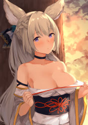 Rule 34 | 1girl, :o, against tree, animal ears, arm strap, bad id, bad pixiv id, bare shoulders, black ribbon, blonde hair, blurry, blush, bow, braid, breasts, choker, clothes pull, collarbone, depth of field, erune, french braid, granblue fantasy, hair between eyes, hair bow, hair ribbon, japanese clothes, kimono, large breasts, long hair, looking at viewer, obi, open mouth, outdoors, pulling own clothes, ribbon, sash, shiny skin, solo, sunset, suzuame yatsumi, tree, very long hair, wide sleeves, yuisis (granblue fantasy), yukata