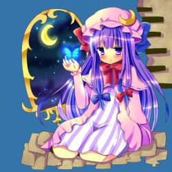 Rule 34 | 1girl, blue background, blush, bow, bug, butterfly, capelet, chocolat (momoiro piano), crescent, crescent hair ornament, crescent moon, double bun, dress, hair bow, hair bun, hair ornament, hand up, hat, hat ribbon, insect, long hair, long sleeves, looking at viewer, mob cap, moon, patchouli knowledge, purple eyes, purple hair, ribbon, robe, seiza, sidelocks, sitting, sky, solo, star (sky), starry sky, striped clothes, striped dress, touhou, triangle mouth