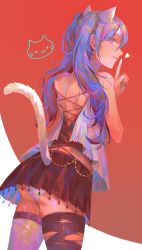 Rule 34 | 1girl, absurdres, animal ears, asymmetrical legwear, back, bare shoulders, black thighhighs, blue eyes, blue hair, cat ears, cat girl, cat tail, finger to mouth, fingernails, grey thighhighs, hatsune miku, heart, highres, kinakomocci518, long hair, looking at viewer, looking back, mismatched legwear, multicolored hair, panties, parted lips, purple hair, shushing, skindentation, slit pupils, smile, solo, streaked hair, tail, thighhighs, twintails, underwear, vocaloid, white panties