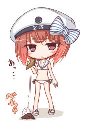 Rule 34 | 1girl, anchor, bare arms, bikini, bow, brown eyes, brown hair, character name, collarbone, commentary request, double scoop, food, full body, hair bow, hat, highres, holding, holding food, ice cream, ice cream cone, kantai collection, komakoma (magicaltale), parted lips, peaked cap, sailor bikini, sailor collar, sandals, short hair, simple background, solo, striped, striped bow, swimsuit, tears, translation request, white background, white bikini, white footwear, white hat, z3 max schultz (kancolle)