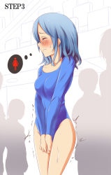 Rule 34 | 1coin, 1girl, between legs, blue hair, blue leotard, blush, breasts, character request, collarbone, crowd, english text, closed eyes, hand between legs, hands together, have to pee, leotard, long sleeves, medium breasts, short hair, simple background, standing, sweat, text focus, trembling, white background
