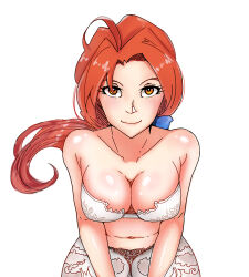 Rule 34 | 1girl, absurdres, artist request, bra, breasts, cleavage, creatures (company), delia ketchum, female focus, floating hair, game freak, highres, long hair, looking at viewer, low ponytail, medium breasts, nintendo, orange eyes, orange hair, pokemon, pokemon (anime), pokemon (classic anime), ponytail, shiny skin, simple background, smile, solo, thighs, underwear, underwear only, white background, white bra