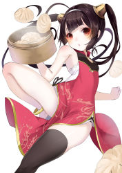 Rule 34 | 1girl, ahoge, amahara pekozaemon, anklet, asymmetrical legwear, azur lane, baozi, bare arms, bare shoulders, black thighhighs, brown hair, china dress, chinese clothes, commentary request, dress, dutch angle, food, hairband, hairpods, highres, holding, jewelry, long hair, parted lips, pelvic curtain, ping hai (azur lane), red dress, red eyes, simple background, single thighhigh, sleeveless, sleeveless dress, solo, standing, standing on one leg, thighhighs, twintails, uneven legwear, very long hair, white background, white hairband