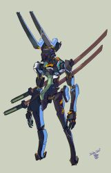 Rule 34 | dated, grey background, highres, horns, katana, mecha, moi moi7, no humans, open hands, original, robot, science fiction, solo, sword, weapon, weapon on back