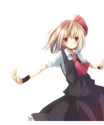 Rule 34 | 1girl, ascot, bad id, blonde hair, blush, embodiment of scarlet devil, female focus, hair ribbon, md5 mismatch, necktie, outstretched arms, red eyes, ribbon, rumia, short hair, simple background, solo, spread arms, touhou, white background, yuita, yuitadesuyo (pixiv)