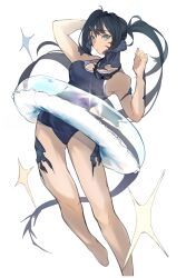 1girl arm_behind_head au_ra bad_feet black_hair bloom breasts closed_mouth competition_school_swimsuit dragon_horns dragon_tail final_fantasy final_fantasy_xiv green_eyes highres horns innertube kamatpit large_breasts long_hair ponytail scales school_swimsuit shadow simple_background solo sparkle swim_ring swimsuit tail very_long_hair white_background