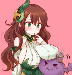 Rule 34 | 1girl, bad id, bad pixiv id, baddie (p&amp;d), bare shoulders, bat wings, blush, breast lift, breasts, brown hair, collarbone, covered erect nipples, creature, dress, earrings, fangs, finger to mouth, green eyes, green valkyrie (p&amp;d), hair ornament, halterneck, horns, image sample, impossible clothes, impossible dress, jewelry, large breasts, long hair, mashiro miru, motion lines, pink background, pixiv sample, puzzle &amp; dragons, sideboob, simple background, solo, sweat, valkyrie (p&amp;d), wavy hair, wings, wood valkyrie (p&amp;d)