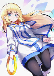 Rule 34 | 1girl, black pantyhose, blonde hair, blue dress, blue eyes, chakram, colette brunel, dress, floating hair, gem, hair between eyes, highres, holding, jewelry, leg up, long hair, neck ring, omochishiki, pantyhose, red gemstone, solo, tales of (series), tales of symphonia, two-tone dress, weapon, white dress