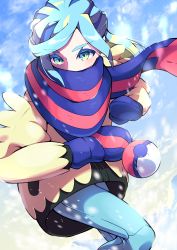 Rule 34 | 1boy, absurdres, blue eyes, blue hair, coat, commentary request, creatures (company), day, eyelashes, floating scarf, game freak, grusha (pokemon), highres, long hair, long sleeves, male focus, mittens, nintendo, outdoors, pants, poke ball print, pokemon, pokemon sv, pon yui, scarf, sidelocks, snowing, solo, yellow coat