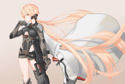 Rule 34 | 1girl, absurdres, alternate costume, armor, assault rifle, belt, blonde hair, breasts, bullpup, camouflage, camouflage shorts, cloak, closed mouth, feet out of frame, girls&#039; frontline, girls&#039; frontline 2: exilium, gloves, grey gloves, gun, headphones, highres, holding, holding weapon, long hair, looking at viewer, medium breasts, mo geng, ots-14 (girls&#039; frontline), ots-14 groza, rifle, shorts, simple background, solo focus, standing, suppressor, underboob, very long hair, weapon, white cloak, yellow eyes