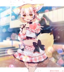 Rule 34 | 1girl, alternate costume, animal ear fluff, animal ears, black choker, blonde hair, blouse, blurry, blurry background, blush, bob cut, bokeh, bow, bow skirt, character doll, choker, clothing cutout, commentary, common raccoon (kemono friends), cowboy shot, day, depth of field, eeeee m, fang, fennec (kemono friends), fox ears, fox tail, hair bow, hand on own chest, headset, heart, highres, idol, kemono friends, leg ribbon, lens flare, light frown, light particles, long sleeves, looking at viewer, midriff, navel, open mouth, orange eyes, outdoors, outside border, pink bow, pink ribbon, pink shirt, pink skirt, plaid, plaid shirt, plaid skirt, pleated skirt, ribbon, shirt, short hair, shoulder cutout, skin fang, skirt, solo, star (symbol), sweatdrop, tail, thigh ribbon, twitter username