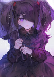 Rule 34 | 1girl, absurdres, ame-chan (needy girl overdose), black bow, black bowtie, black dress, black hair, bow, bowtie, brooch, closed mouth, commentary request, diagonal bangs, dress, gem, grey background, hair bow, hair ornament, hair over one eye, highres, holding, holding umbrella, jewelry, juliet sleeves, long hair, long sleeves, looking at viewer, multicolored hair, needy girl overdose, one eye covered, pink hair, puffy sleeves, simple background, solo, symbol in eye, twintails, umbrella, wny (wnys art), x hair ornament