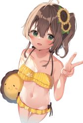 Rule 34 | 1girl, :d, ahoge, bare arms, bare shoulders, bikini, blush, brown hair, collarbone, flower, green eyes, hair between eyes, hair flower, hair ornament, hand up, highres, hololive, looking at viewer, mizuki ryuu, natsuiro matsuri, natsuiro matsuri (hololive summer 2019), navel, one side up, open mouth, simple background, smile, solo, standing, swimsuit, virtual youtuber, white background, yellow bikini, yellow flower