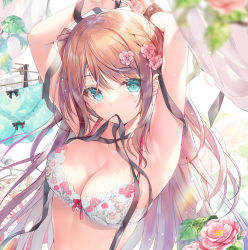 Rule 34 | 1girl, armpits, arms up, bare arms, bare shoulders, blue eyes, bra, breasts, brown hair, cleavage, flower, hair flower, hair ornament, hair ribbon, highres, lingerie, long hair, looking at viewer, medium breasts, miwabe sakura, mouth hold, original, pink flower, ribbon, solo, underwear, underwear only, upper body, white bra