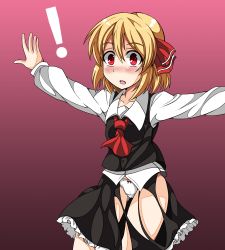Rule 34 | !, 1girl, blonde hair, blush, outstretched arms, panties, red eyes, rumia, short hair, skirt, solo, torn clothes, torn skirt, touhou, underwear, white panties, youka (gensou kyoudan)