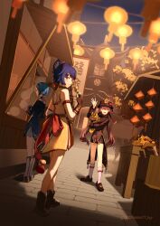Rule 34 | 3girls, absurdres, architecture, arm up, blue hair, boots, brown coat, brown footwear, brown hair, coat, commentary, dress, east asian architecture, english commentary, full body, genshin impact, hat, highres, hu tao (genshin impact), lantern, long hair, looking at viewer, multiple girls, night, night sky, open mouth, outdoors, paper lantern, porkpie hat, satoko77, shop, short hair, sky, sleeveless, sleeveless dress, smile, socks, standing, twitter username, walking, waving, white socks, xiangling (genshin impact), xingqiu (genshin impact), yellow dress