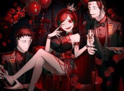 Rule 34 | 1girl, 2boys, absurdres, black clover, black hair, black suit, bow, bowtie, cup, dante zogratis, drinking glass, english text, formal, gem, high heels, highres, multiple boys, picture frame, plate, red eyes, red gemstone, red theme, smile, stiletto heels, suit, traditional bowtie, vanica zogratis, zenon zogratis