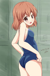 Rule 34 | 1girl, ass, blue one-piece swimsuit, brown eyes, brown hair, competition school swimsuit, cowboy shot, dated, fang, from behind, highres, inakami, inokuma youko, kin-iro mosaic, locker, looking at viewer, looking back, one-piece swimsuit, open mouth, school swimsuit, short hair, signature, solo, standing, swimsuit
