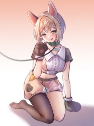 Rule 34 | 1girl, :q, animal ears, animal hands, aoba moca, bang dream!, belt collar, black legwear, blush, breasts, closed mouth, collar, crop top, dog ears, fake animal ears, gloves, gradient background, green eyes, grey hair, hairband, head tilt, highres, kneeling, leaning forward, leash, looking at viewer, medium breasts, name tag, navel, paw gloves, paw pose, pink background, platinum blonde hair, ptal, puffy shorts, shadow, short hair, short sleeves, shorts, sidelocks, single leg pantyhose, smile, solo, stomach, tongue, tongue out, white hairband