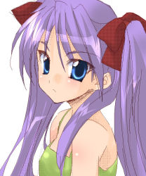 Rule 34 | 00s, 1girl, bare shoulders, blue eyes, blush, body blush, bow, frown, hair bow, hiiragi kagami, long hair, looking at viewer, lucky star, pink hair, red bow, simple background, solo, utsubo kazura, white background