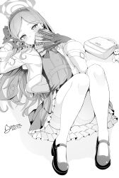 Rule 34 | 1girl, 4ba nana, absurdres, ass, bag, blue archive, blush, closed mouth, dated, dress, frilled dress, frills, full body, gloves, greyscale, hairband, halo, highres, holding, jacket, long hair, long sleeves, mary janes, monochrome, open clothes, open jacket, parted bangs, shoes, simple background, solo, takane (blue archive), twitter username, white background