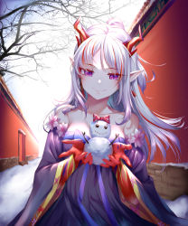 Rule 34 | 1girl, absurdres, amaroku neko, animal ears, arknights, bare shoulders, bow, breasts, collarbone, commentary request, grey hair, highres, holding, holding snowman, horns, long hair, looking at viewer, multicolored hair, nian (arknights), outdoors, pink bow, pointy ears, purple eyes, red hair, smile, solo, streaked hair, tree, white hair