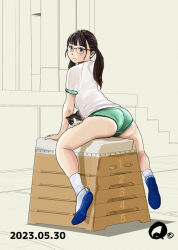 Rule 34 | 1girl, ass, black hair, buruma, cat, dated, green eyes, gym uniform, indoors, jimiko, looking back, q98780409, shirt, shoes, sitting, sneakers, socks, solo, stairs, twintails, vaulting horse, white shirt, white socks