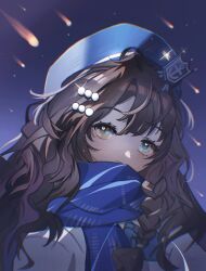Rule 34 | 1girl, anchor symbol, beret, blue eyes, blue hat, blue neckerchief, blue scarf, blue sky, braided sidelock, brown hair, closed mouth, dress, hat, highres, huanyin, long hair, looking at viewer, marcus (reverse:1999), meteor, meteor shower, neckerchief, night, night sky, portrait, reverse:1999, scarf, sky, smile, solo, white dress