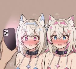 Rule 34 | 2girls, @ @, animal ears, bikini, blonde hair, blue bikini, blue eyes, blue hair, blush, breasts, cellphone, collar, dog ears, dog girl, fuwamoco, fuwawa abyssgard, hair ornament, hairband, hairclip, highres, holding, holding phone, hololive, hololive english, hypnosis, large breasts, long hair, looking at phone, mame rakko, micro bikini, mind control, mococo abyssgard, multicolored hair, multiple girls, nose blush, phone, pink bikini, pink eyes, pink hair, short hair, siblings, sisters, small breasts, smartphone, spiked collar, spiked hairband, spikes, streaked hair, swimsuit, twins, virtual youtuber