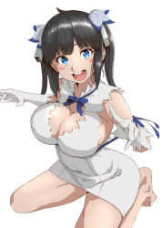 Rule 34 | 1girl, absurdres, arm ribbon, barefoot, black hair, blue eyes, blue ribbon, blush stickers, breasts, cleavage, cleavage cutout, clothing cutout, dress, dungeon ni deai wo motomeru no wa machigatteiru darou ka, gloves, hair ribbon, hashimoto (frog flag), hestia (danmachi), highres, kneeling, large breasts, long hair, open mouth, rei no himo, ribbon, round teeth, short dress, simple background, smile, solo, teeth, twintails, upper teeth only, white background, white dress, white gloves