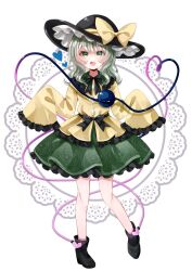 Rule 34 | 1girl, :d, adapted costume, black bow, black footwear, black hat, blush, boots, bow, buttons, commentary, diamond button, eyelashes, eyes visible through hair, floral print, frilled shirt collar, frilled skirt, frilled sleeves, frills, full body, green eyes, green hair, green skirt, hair between eyes, hands up, happy, hat, hat bow, heart, heart-shaped ornament, heart-shaped pupils, heart of string, highres, huge bow, jaku sono, komeiji koishi, looking at viewer, medium hair, open mouth, print skirt, rose print, shirt, signature, skirt, sleeves past fingers, sleeves past wrists, smile, solo, standing, symbol-shaped pupils, third eye, touhou, w arms, wavy hair, wide sleeves, yellow bow, yellow shirt