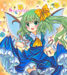 Rule 34 | 1girl, :d, ascot, black thighhighs, blue dress, blue flower, bow, brooch, cowboy shot, daiyousei, dress, fairy wings, fang, floral background, flower, frilled dress, frilled shirt collar, frills, green eyes, green hair, hair bow, jewelry, long hair, looking at viewer, marker (medium), open mouth, petals, puffy short sleeves, puffy sleeves, red brooch, red ribbon, ribbon, rui (sugar3), sample watermark, shirt, short sleeves, side ponytail, skin fang, skirt hold, sleeve ribbon, smile, solo, thighhighs, touhou, traditional media, watermark, white shirt, wings, yellow ascot, yellow background, yellow bow, yellow flower, zettai ryouiki