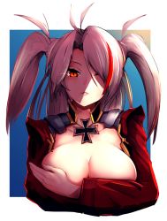 Rule 34 | 1girl, antenna hair, azur lane, blue background, blush, breast hold, breasts, cross, hair between eyes, iron cross, large breasts, long hair, long sleeves, looking at viewer, mole, mole on breast, multicolored hair, nanostar, no bra, one eye closed, prinz eugen (azur lane), red hair, shaded face, silver hair, solo, streaked hair, two-tone background, two side up, very long hair, white background