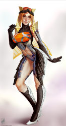 Rule 34 | 1girl, ass, bodysuit, breasts, circlet, clothing cutout, destiny (game), gloves, hand up, headgear, heels, highres, looking at viewer, midriff, navel, orange eyes, orange hair, personification, smile, solo, sunshot (destiny), themaestronoob, thighs, veil