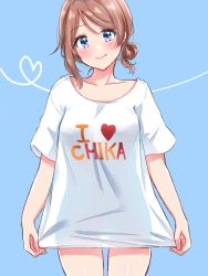 Rule 34 | 1girl, alternate hairstyle, bad id, bad twitter id, blue background, blue eyes, blush, clothes writing, collarbone, commentary request, green hair, hair bun, heart, highres, looking at viewer, love live!, love live! sunshine!!, minori 748, no pants, see-through silhouette, shirt, shirt hold, short sleeves, side bun, simple background, single side bun, smile, solo, t-shirt, watanabe you, white shirt