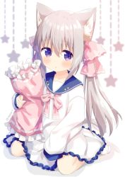 Rule 34 | 1girl, :o, animal ear fluff, animal ears, blue sailor collar, blush, bow, cat ears, commentary request, dress, frilled dress, frilled pillow, frills, grey hair, hair between eyes, hair bow, highres, long hair, long sleeves, looking at viewer, low twintails, nakkar, no shoes, hugging object, original, parted lips, pillow, pillow hug, pink bow, purple eyes, sailor collar, sailor dress, sitting, sleeves past fingers, sleeves past wrists, socks, solo, star (symbol), twintails, twitter username, very long hair, wariza, white dress, white socks