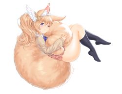 Rule 34 | 1girl, alternate color, animal ear fluff, animal ears, black socks, blonde hair, blue eyes, brown skirt, brown sweater, elin, feathers, fox ears, fox girl, from side, full body, hair ornament, highres, hugging own tail, hugging tail, kneehighs, knees up, large tail, long hair, one eye closed, open mouth, plushmallow (elin), ponytail, school uniform, shirt, simple background, skirt, socks, solo, susukitten, sweater, tail, tera online, thighs, white background, white shirt