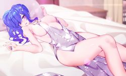 Rule 34 | 1girl, azur lane, backless dress, backless outfit, bare legs, bare shoulders, bed, blue hair, blue nails, breasts, cleavage, dress, earrings, evening gown, hair between eyes, hair ornament, hairclip, halter dress, halterneck, highres, jewelry, large breasts, long hair, looking at viewer, lying, nail polish, nami qi, official alternate costume, on back, on bed, pink eyes, plunging neckline, revealing clothes, side ponytail, sidelocks, silver dress, st. louis (azur lane), st. louis (luxurious wheels) (azur lane), thighs
