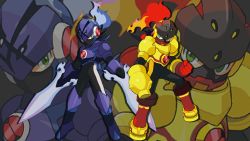 Rule 34 | 1boy, arm blade, arm cannon, armarouge, armor, blue fire, boots, ceruledge, creatures (company), crossover, fiery hair, fire, full body, game freak, green eyes, helmet, male focus, mega buster, mega man (series), mega man battle network, megaman.exe, mios1225, nintendo, pokemon, simple background, standing, sword, weapon, white background